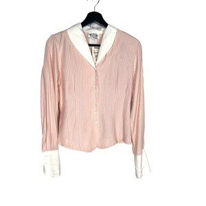 Vintage 90s Pink White Pinstripe Button Up Long Sleeve Top Medium